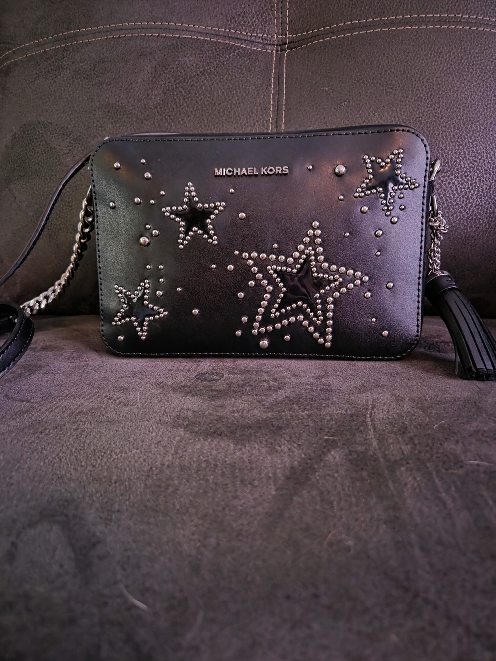Michael Kors Black Leather Star-Studded Crossbody Bag